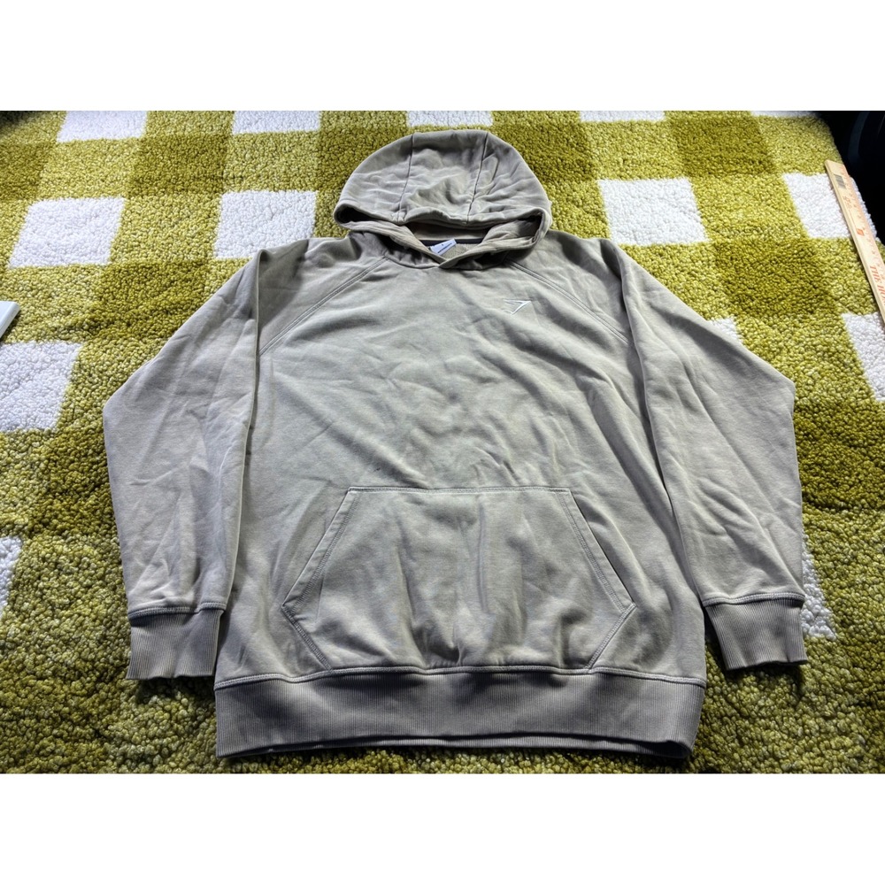 Gymshark Mens Pullover‎ Hoodie Tan Beige Raglan Sleeve Logo Fleece Sweatshirt L